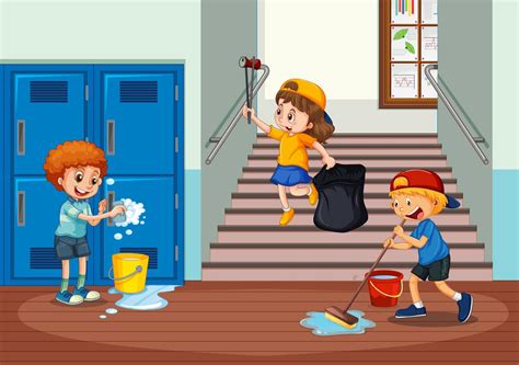 Volunteer Kids Cleaning School Hallway 361463 Vector Art At Vecteezy