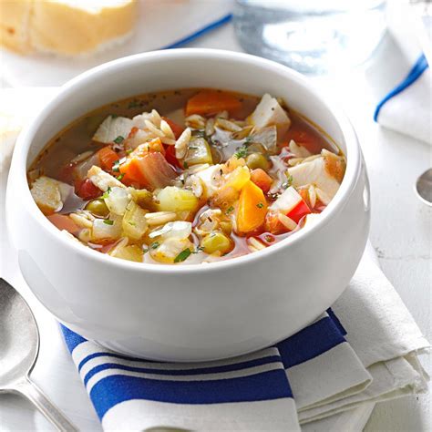 Pour in the hot stock, stir in the turkey and chickpeas and. Skinny Turkey-Vegetable Soup Recipe | Taste of Home