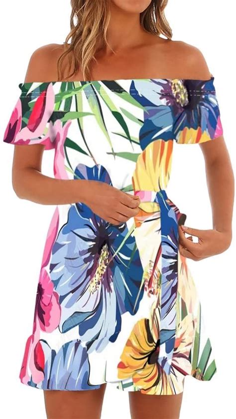 Gemijack Womens Hawaiian Dresses Off The Shoulder Floral Short Sleeve Strapless Summer Beach Dr