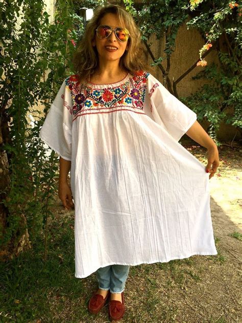 4xl Mexican Embroidered Dress For Women Boho Dress Bohemian Dress White Embroidery Tunic