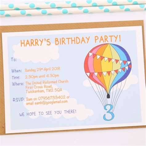 Rainbow Balloon Personalised Birthday Party Invitations By Sunny Clouds
