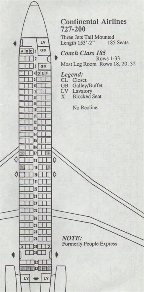 Vintage Airline Seat Map Continental Airlines Boeing 727 200