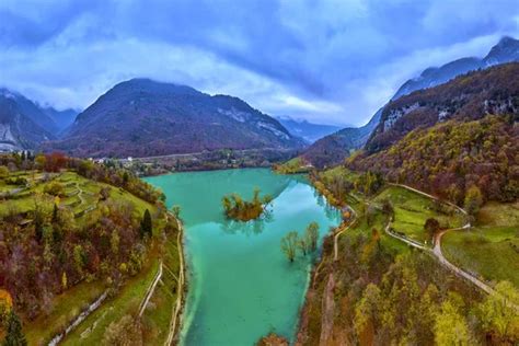 Arial View Lake Tenno Autumn Trento Italy Europa Turquoise Lake — Stock