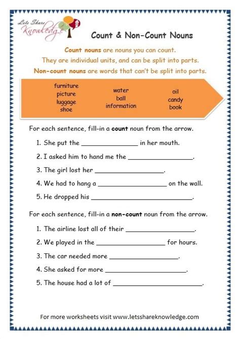 Grade Grammar Topic Count And Noncount Nouns Worksheets Nouns