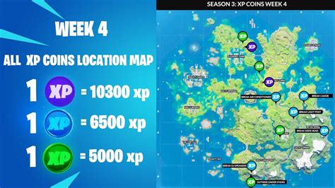For fortnite season 3 week 8, you can find 10 gold coins, 5 blue coins, 2 purple coins, and 4 green coins. All XP Coins Locations in Fortnite Week 4 (Green, Blue ...