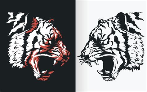 Silhouette Of Tiger Head Roaring Sideview Stencil Vector Drawing