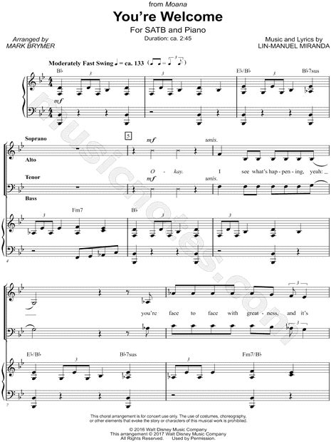 You Re Welcome From Moana Arr Mark A Brymer Satb Choir Piano Choral Sheet Music In Bb