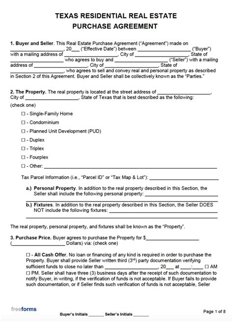 Free Texas Real Estate Purchase Agreement Template Pdf Word