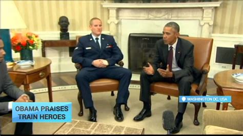 Obama Praises Train Heroes Us Leader Welcomes Americans Who Subdued