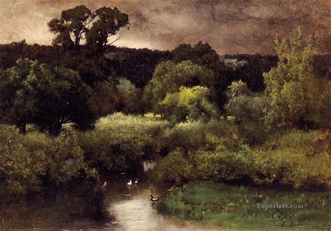 A Gray Lowery Day Tonalist George Inness Painting In Oil For Sale