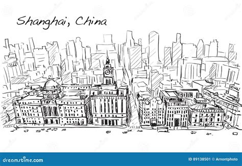 Sketch City Scape Of Shanghai China The Building In Downtown Stock