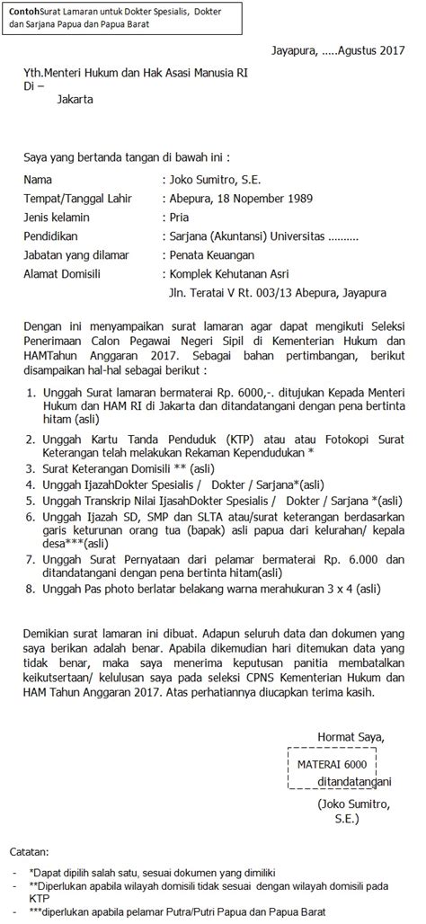 Bersedia ditempatkan diseluruh wilayah negara kesatuan republik indonesia (dengan menandatangani surat pernyataan) Contoh Surat Lamaran Cpns Kemenkumham Sarjana