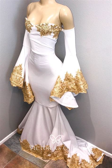 gold lace appliqued bell sleeve off the shoulder mermaid long train prom dress