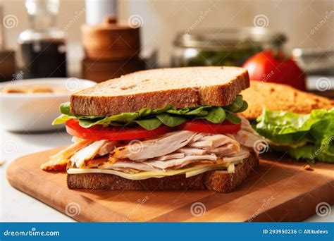 Whole Wheat Bread Turkey Lettuce And Tomatoes Set Out To Make A