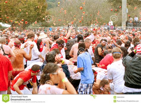 Crowd Throws Tomatoes In Massive Outdoor Food Fight Editorial Stock