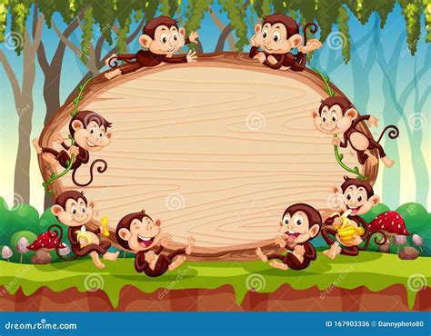 Border Template Design With Cute Monkeys In Forest Stock Vector