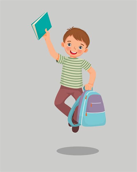 Happy Little Boy Student Holding Backpack And Book Jumping Feeling