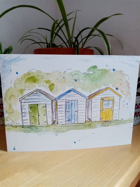 Beach Huts Watercolour Printed Blank Card Etsy Uk Pen And