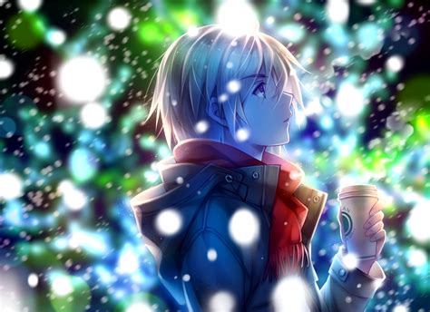 Download 1920x1394 Anime Boy Profile View Red Scarf Winter Snow Coffee Wallpapers