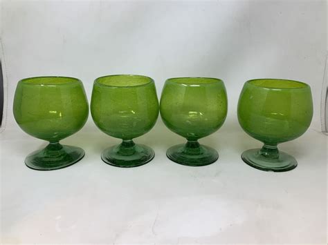 Set Of 4 Huge Heavy Green Vintage Hand Blown Margarita Glasses Mexico Ebay Margarita Glasses