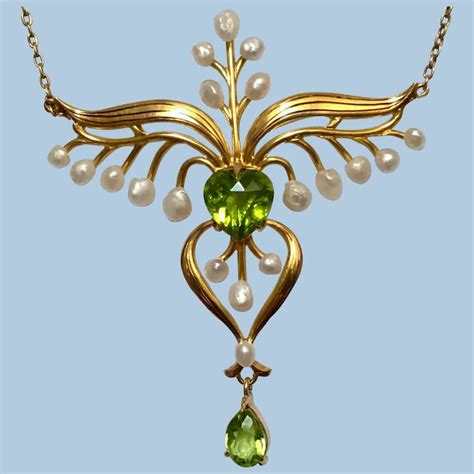 Antique Art Nouveau 14k Gold Peridot Heart Pearl Lavaliere Necklace