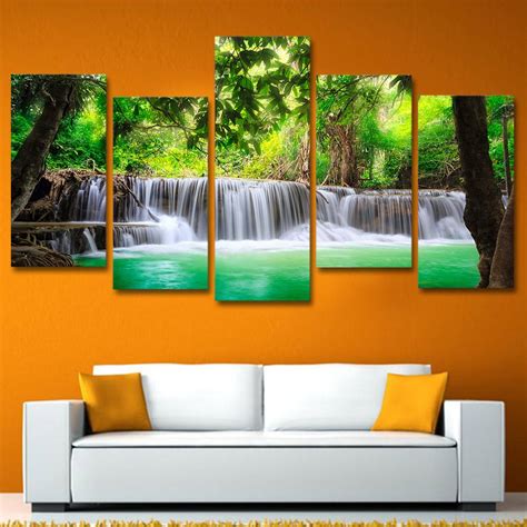Green Tree Waterfall Landscape Nature 5 Panel Canvas Art Wall Decor