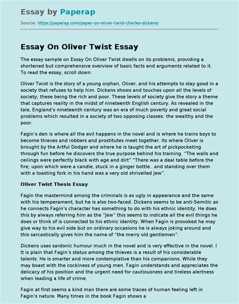 Essay On Oliver Twist Free Essay Example