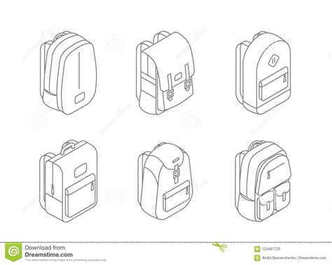 Set Of Backpacks Isometric Icons In Line Design Vector Illustration