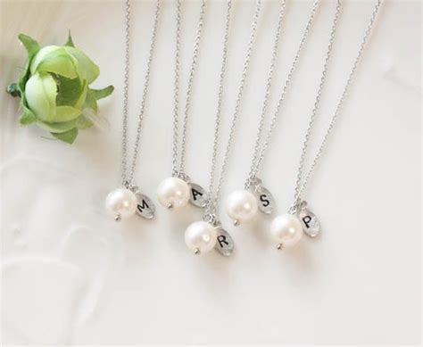 Pearl Necklace Bridesmaid Gifts Set Of Leaf Initial