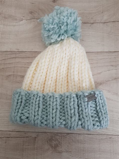 Chunky Knit Bobble Hat Hand Knitted White And Green Etsy