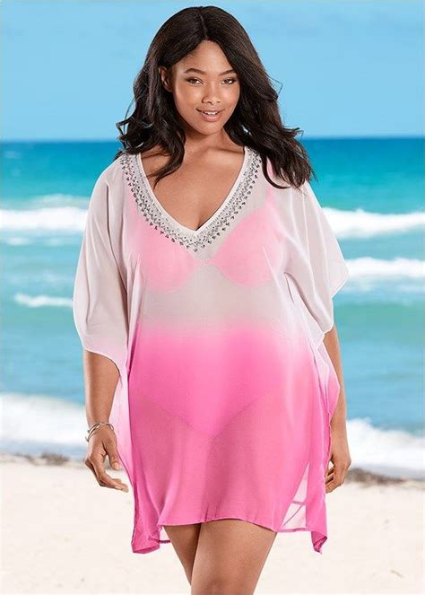 Venus Womens Plus Size Dip Dye Beaded Tunic Cover Ups Pinkwhite