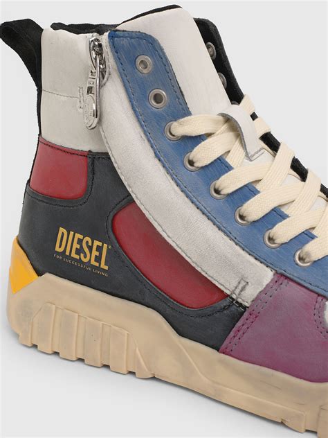 High Top Sneakers In Treated Leather Diesel