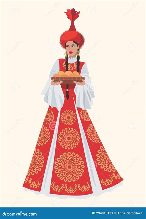 Vector Illustration A Beautiful Young Woman In A Kazakh National Costume With A Plate On A