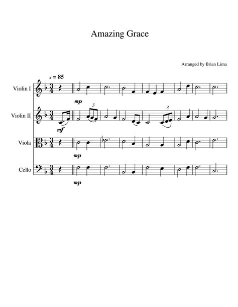 Amazing Grace Strings Sheet Music For Violin Viola Cello String