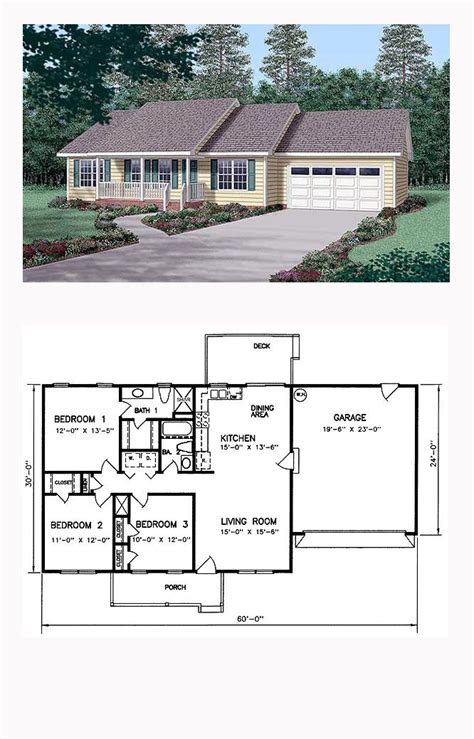 Ranch House Plan 45269 Total Living Area 1200 Sq Ft 3 Bedrooms
