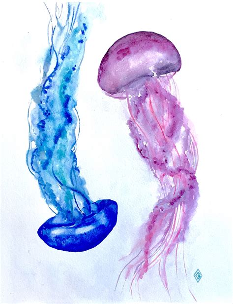 Jellyfish X Original Watercolor Painting Blue And Purple