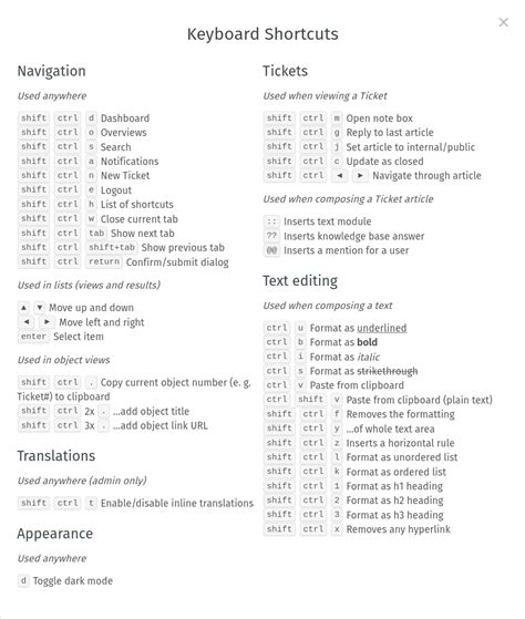 Keyboard Shortcuts — Zammad For Agents Documentation