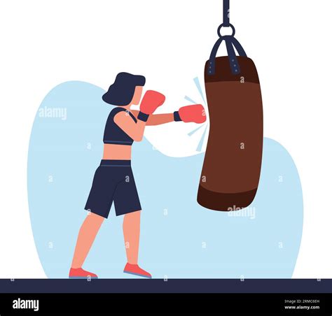 Young Athletic Woman Punches Punching Bag Woman Boxing In Gloves