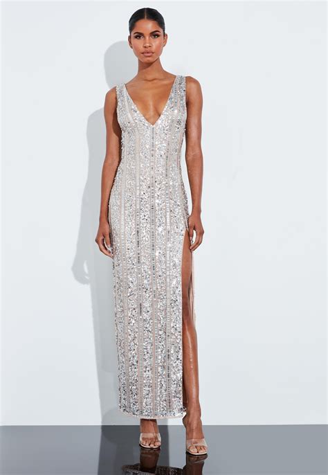 Missguided Synthetic Silver Plunge Embellished Split Maxi Dress In