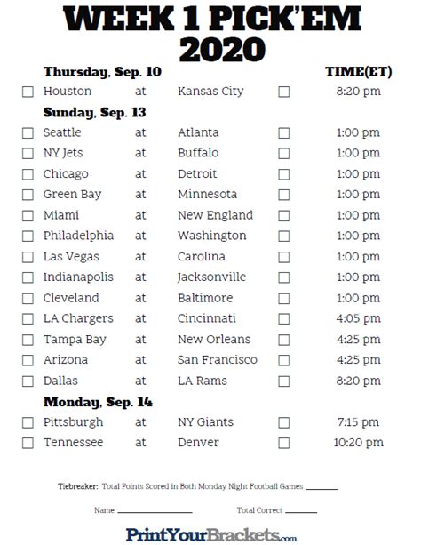 Please read the bottom of this page for complete directions on running this pool and check out our football pools page for many unique office pool. Printable NFL Week 1 Schedule Pick em Pool 2020