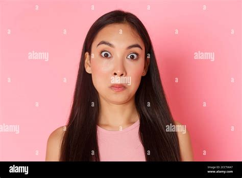 Beauty Fashion And Lifestyle Concept Close Up Of Ambushed And Startled Asian Brunette Girl