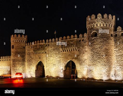 Old City Fortress Gates Landmark In Downtown Baku Azerbaijan At Night