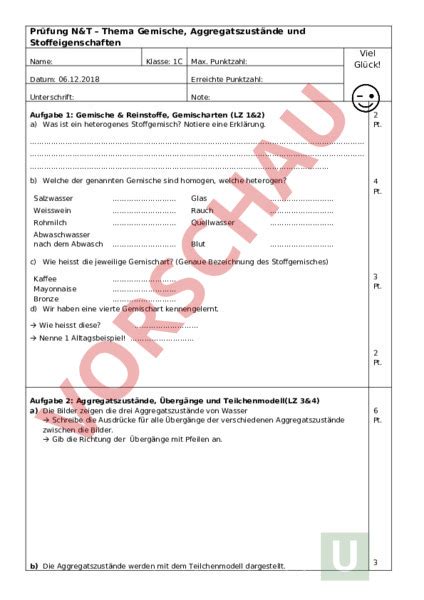 Arbeitsblatt Nt Test Stoffeigenschaften Chemie Aggregatzust Nde