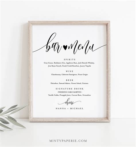 Bar Menu Sign Editable Wedding Bar Menu Template Alcohol Drinks Menu Modern Calligraphy