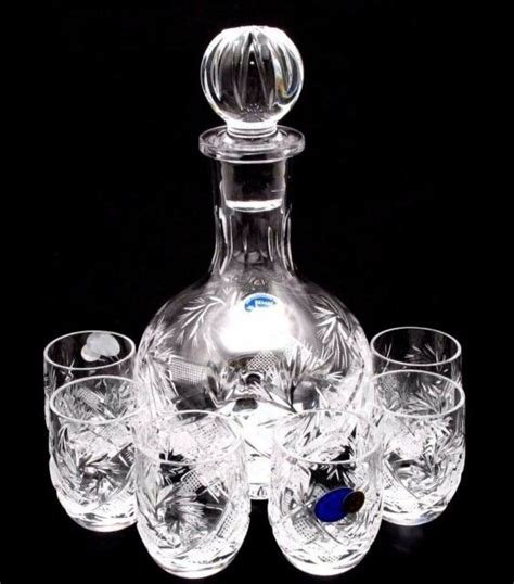 Russian Cut Crystal Glass Decanter And Set Of 6 Vodka Liqueur Shot