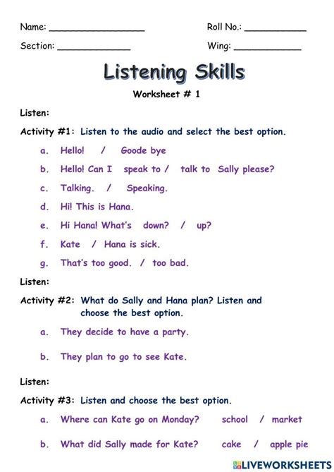 Listening Skills Exercise For Grade 3 Elementary Live Worksheets