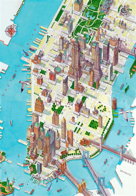 Large Detailed Panoramic Drawing Map Of Lower Manhattan Nyc New York