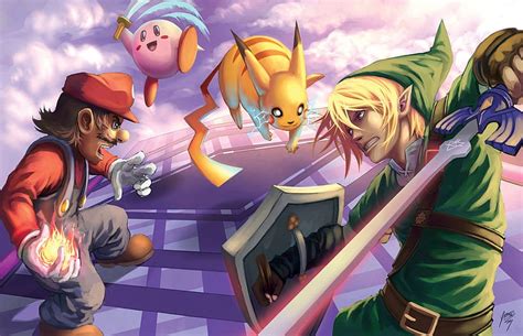 Super Smash Bros Pelea Mario Kirby Enlazar Pikachu Fondo De