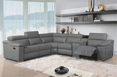 Grey Leather Modern Sectional Sofa With Two Recliners And Mid Console