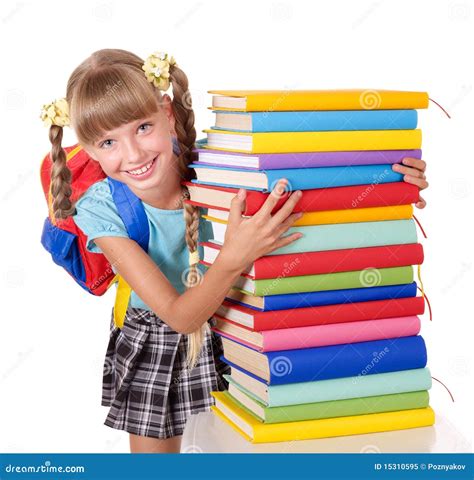 Schoolgirl With Backpack Holding Pile Of Books Stock Image Image Of